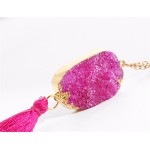 Hot Pink Oval Druzy Stone Neon Tassel Long Necklace